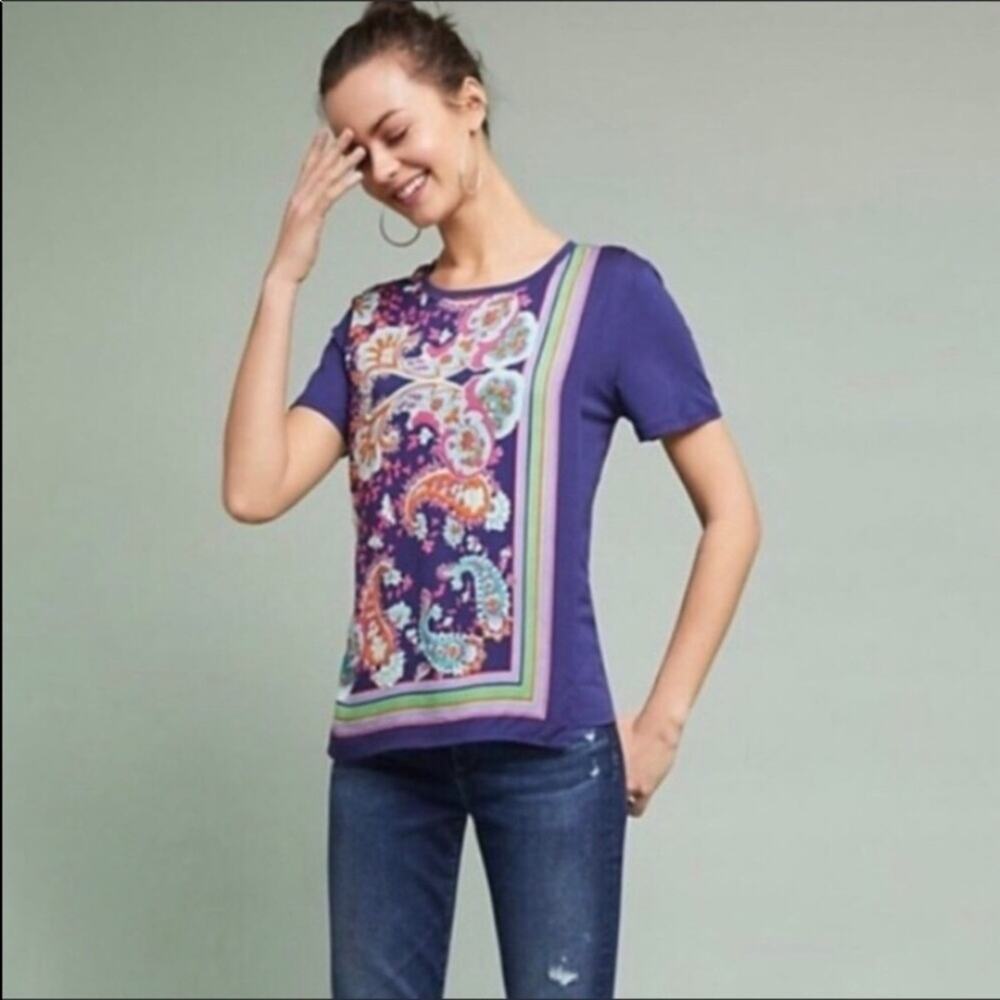 Anthropologie Maeve Purple paisley Layered Short Sleeve Top